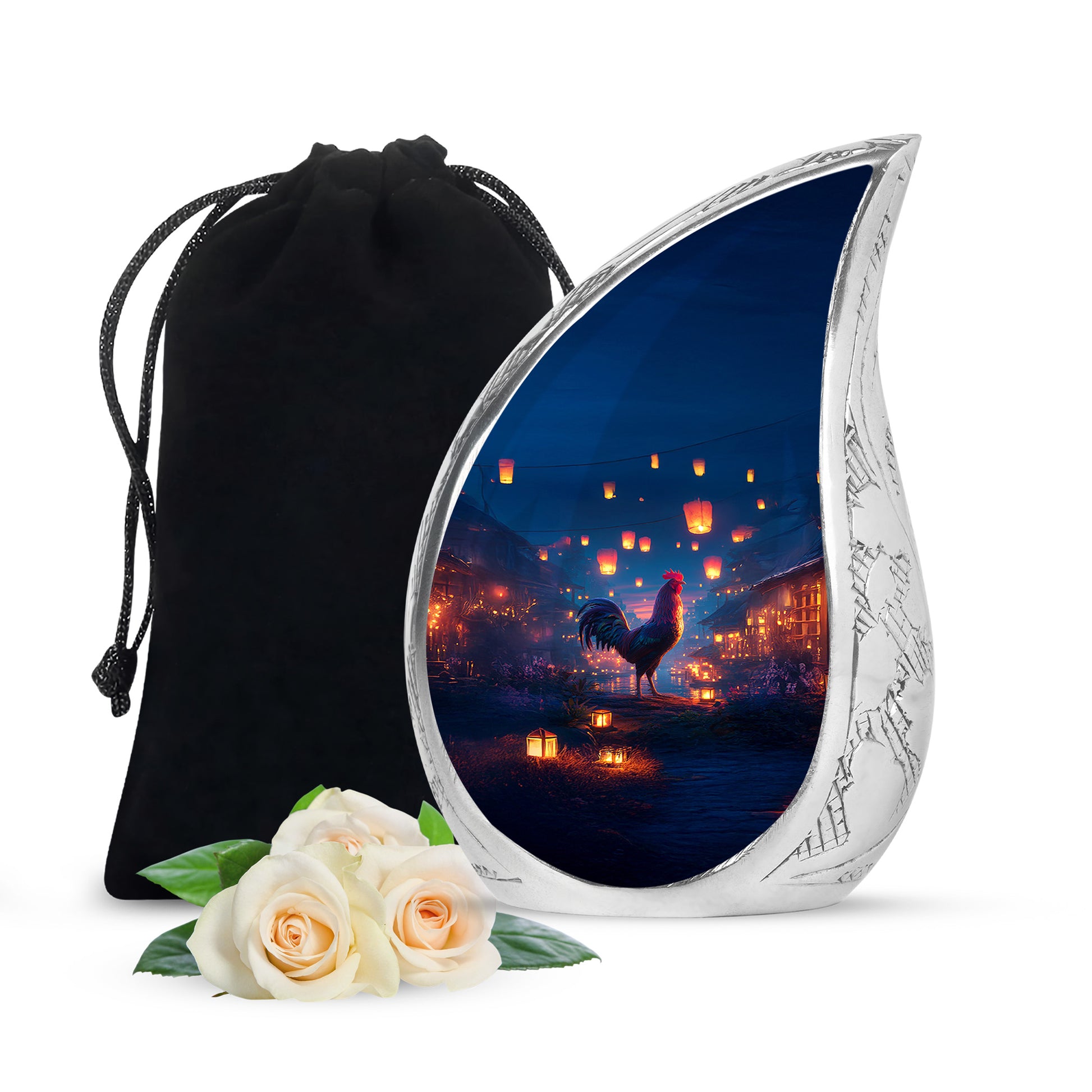 Celestial Blue Hen Cremation Urn front view showing detailed design - rounded teardrop hen design with delicate detail - full-size 10 inch 200 cubic inch adult cremation urn