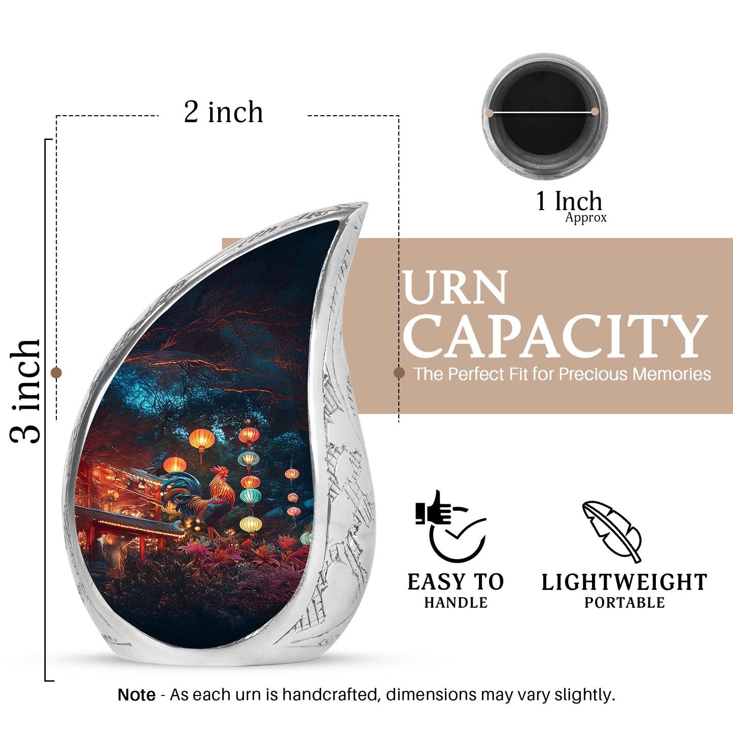 Icy Blue Hen Cremation Urn angled view of lid and engraved motif - flowing teardrop hen silhouette on curved aluminum - mini keepsake memorial for portion of cremation ashes