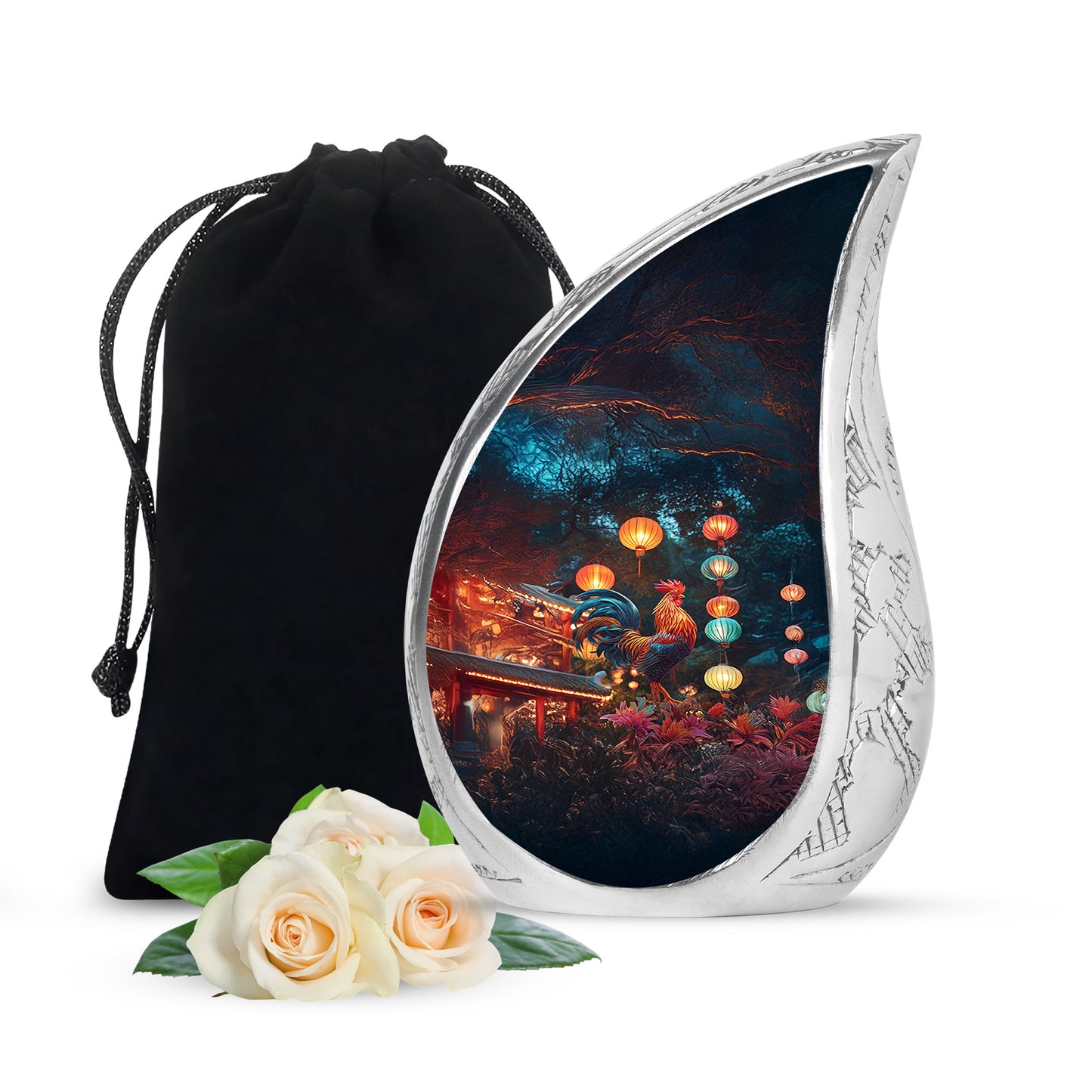 Vivid Blue Hen Cremation Urn front view showing detailed design - graceful tear-shaped urn with hen motif - full-size 10 inch 200 cubic inch adult cremation urn