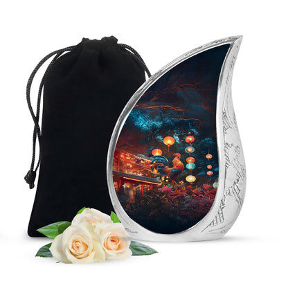 Vivid Blue Hen Cremation Urn front view showing detailed design - graceful tear-shaped urn with hen motif - full-size 10 inch 200 cubic inch adult cremation urn