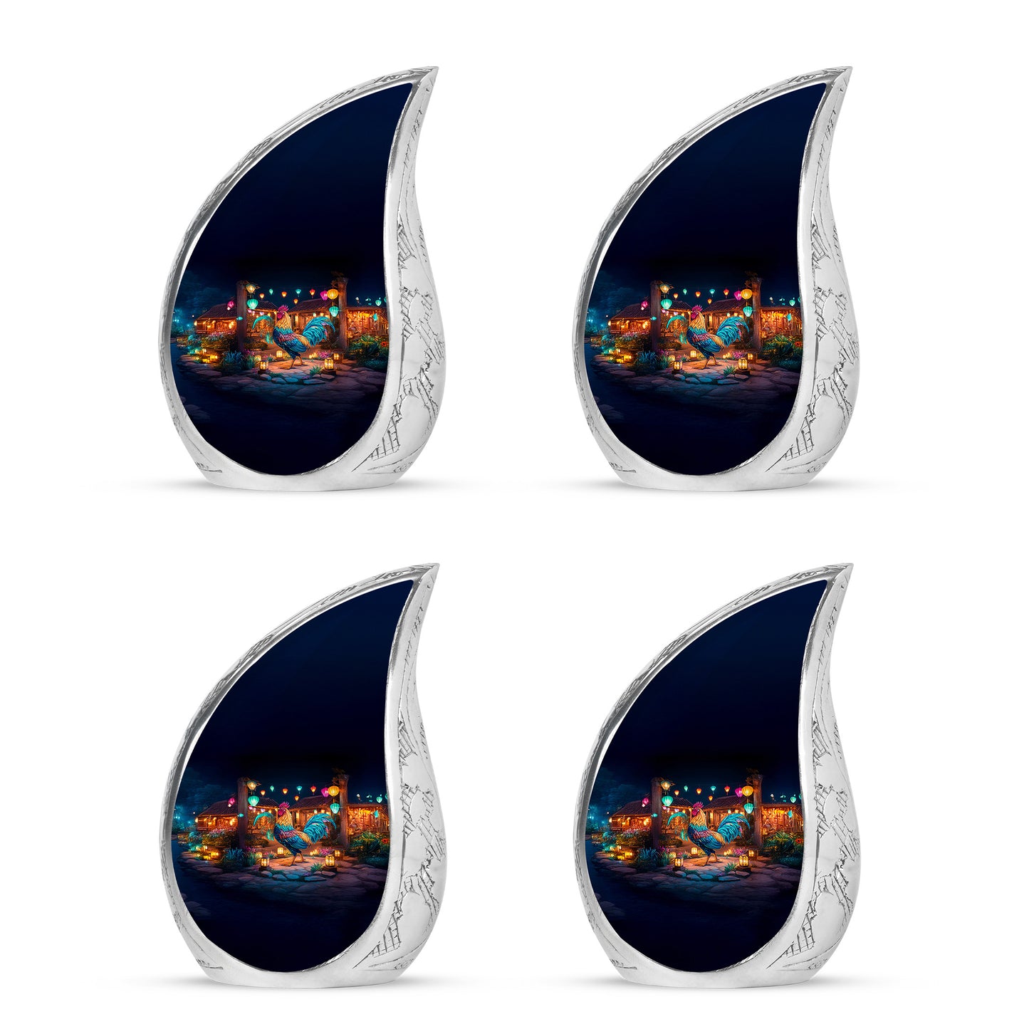 Ebony Hen Cremation Urn close-up of engraving and surface detail - rounded teardrop hen design with delicate detail - 10 inch aluminum urn for cremated remains
