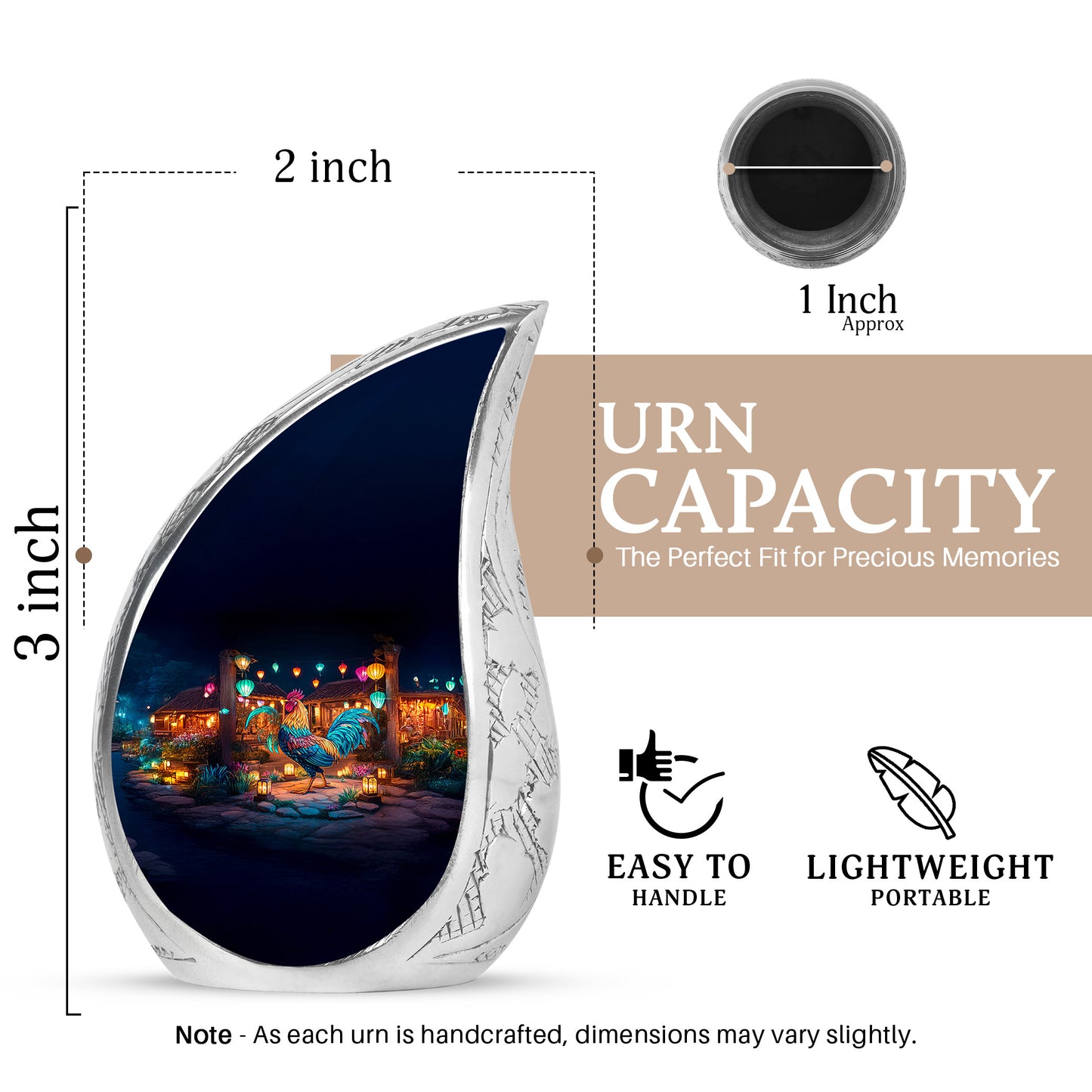Rich Black Hen Cremation Urn angled view of lid and engraved motif - rounded teardrop hen design with delicate detail - mini keepsake memorial for portion of cremation ashes