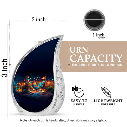 Rich Black Hen Cremation Urn angled view of lid and engraved motif - rounded teardrop hen design with delicate detail - mini keepsake memorial for portion of cremation ashes