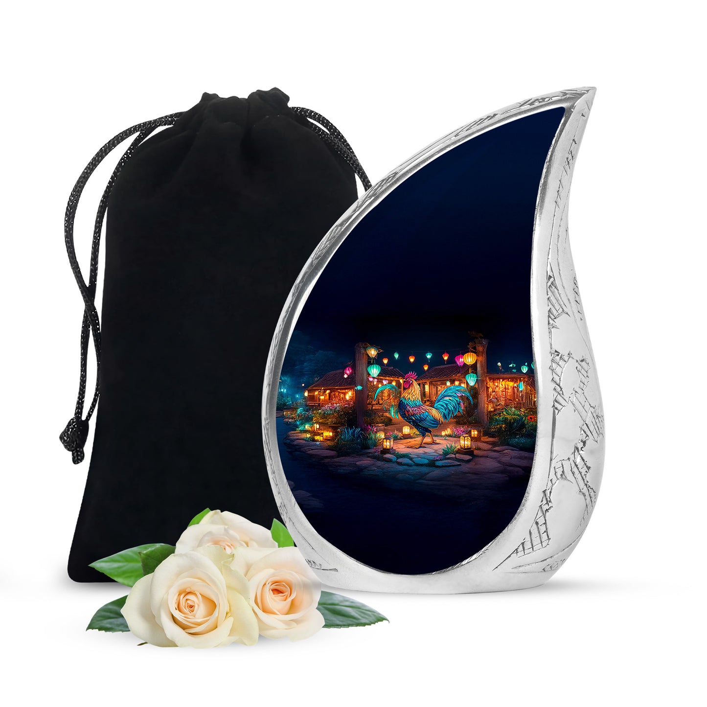 Ebony Hen Cremation Urn front view showing detailed design - flowing teardrop hen silhouette on curved aluminum - full-size 10 inch 200 cubic inch adult cremation urn