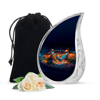 Ebony Hen Cremation Urn front view showing detailed design - flowing teardrop hen silhouette on curved aluminum - full-size 10 inch 200 cubic inch adult cremation urn