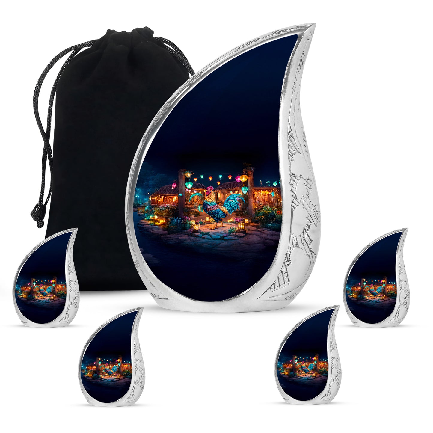 Glossy Black Hen Cremation Urn side profile showing urn shape - flowing teardrop hen silhouette on curved aluminum - memorial set with one large and four small urns