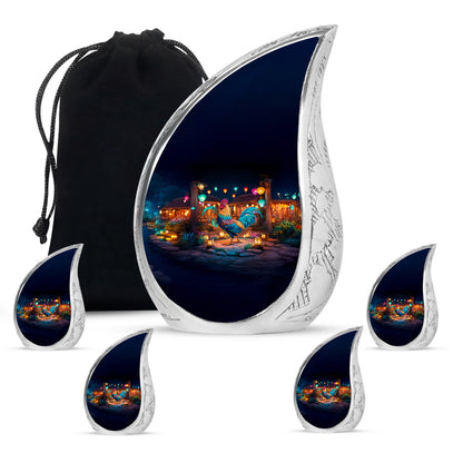 Glossy Black Hen Cremation Urn side profile showing urn shape - flowing teardrop hen silhouette on curved aluminum - memorial set with one large and four small urns