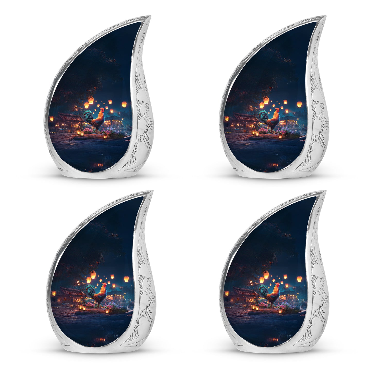 Pastel Blue Hen Cremation Urn close-up of engraving and surface detail - flowing teardrop hen silhouette on curved aluminum - 10 inch aluminum urn for cremated remains