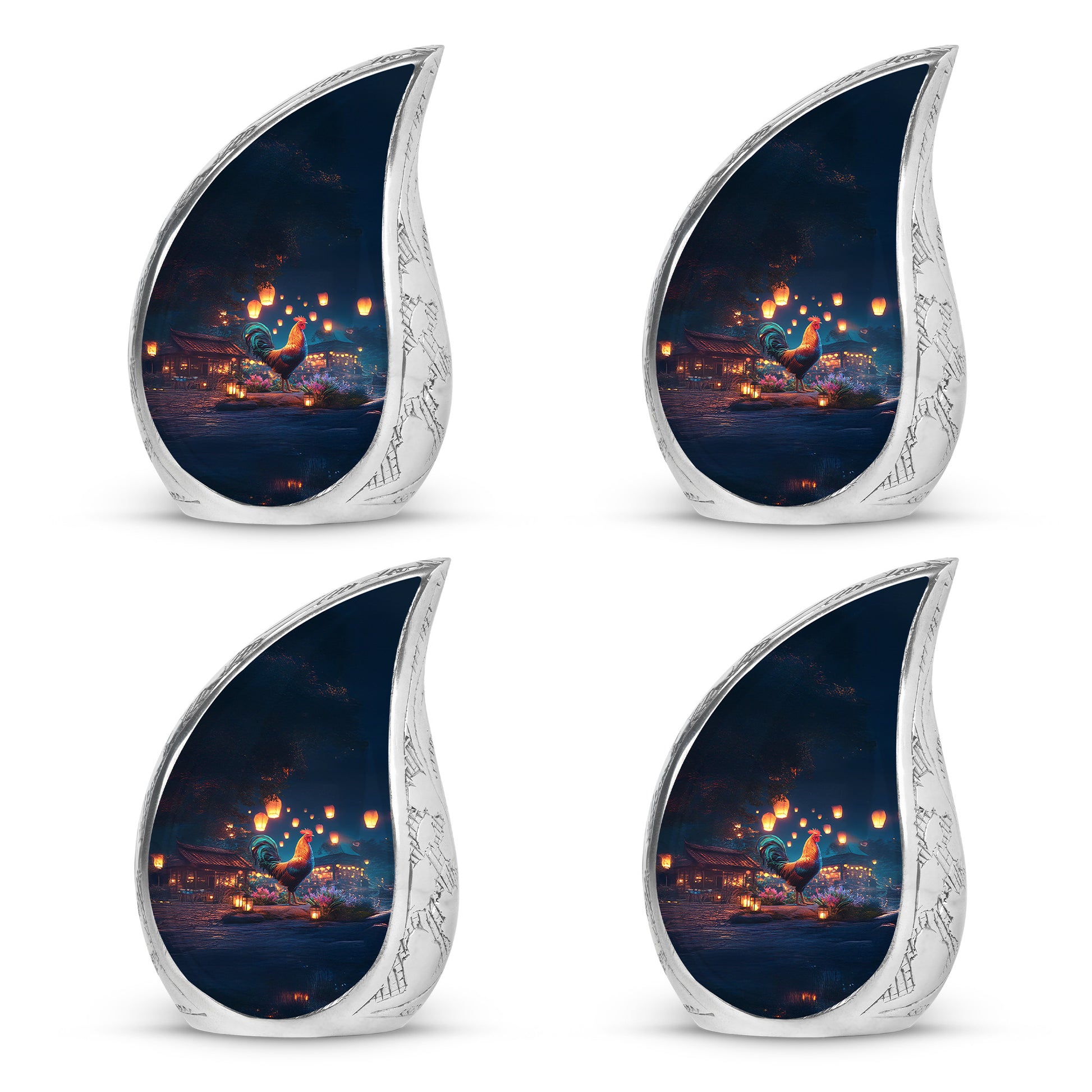 Pastel Blue Hen Cremation Urn close-up of engraving and surface detail - flowing teardrop hen silhouette on curved aluminum - 10 inch aluminum urn for cremated remains