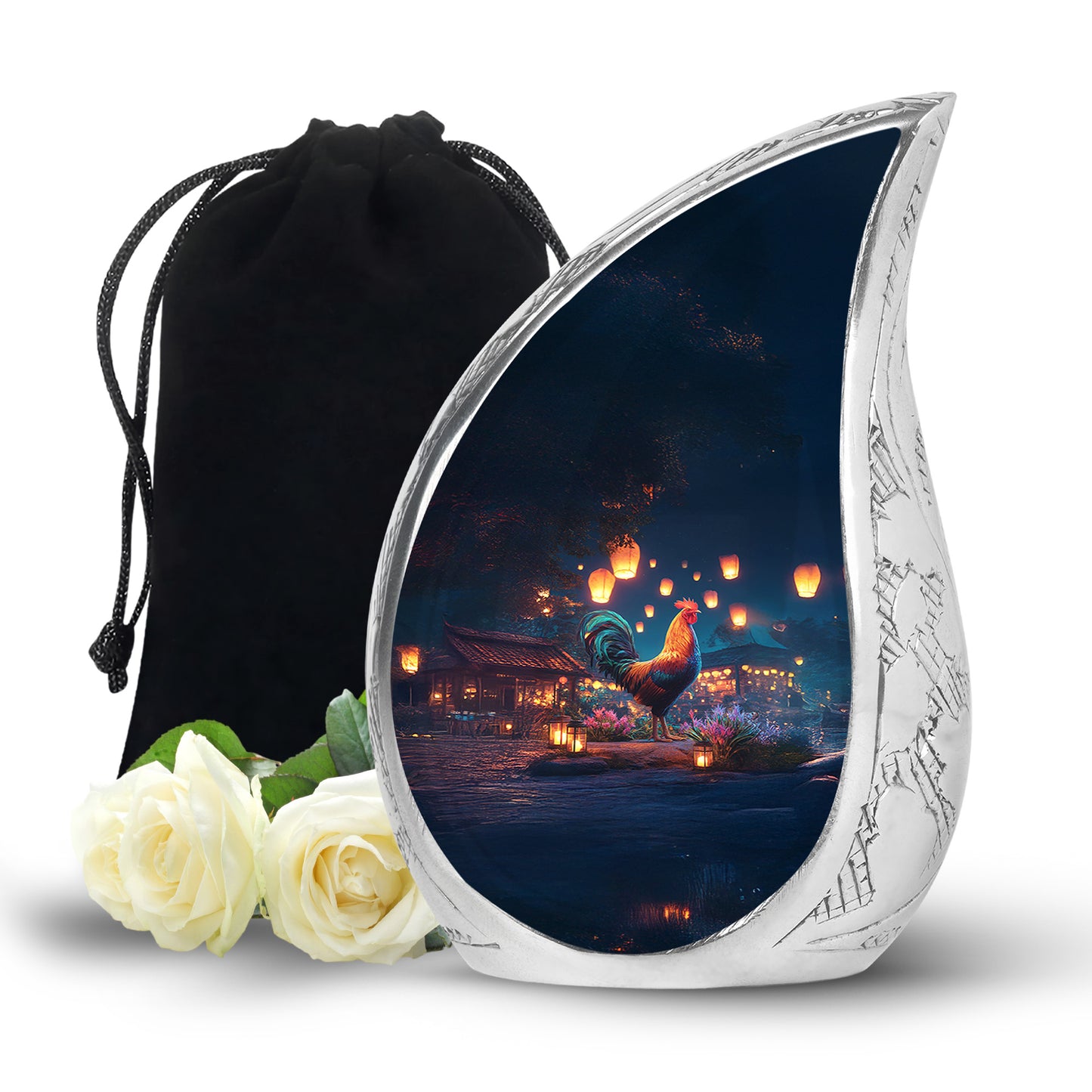 Twilight Blue Hen Cremation Urn front view showing detailed design - graceful tear-shaped urn with hen motif - full-size 10 inch 200 cubic inch adult cremation urn