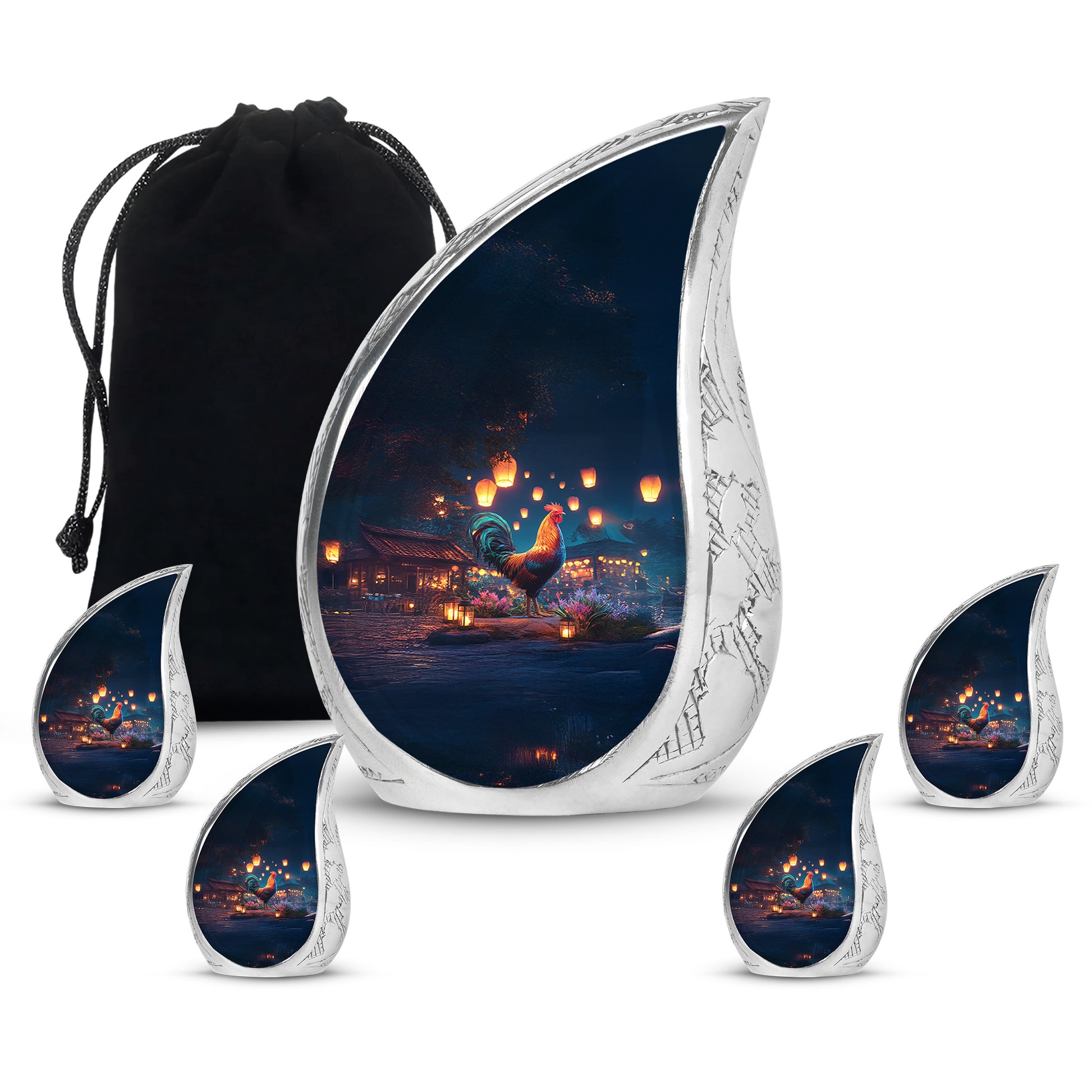 Bright Blue Hen Cremation Urn side profile showing urn shape - graceful tear-shaped urn with hen motif - memorial set with one large and four small urns