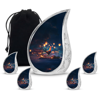 Bright Blue Hen Cremation Urn side profile showing urn shape - graceful tear-shaped urn with hen motif - memorial set with one large and four small urns