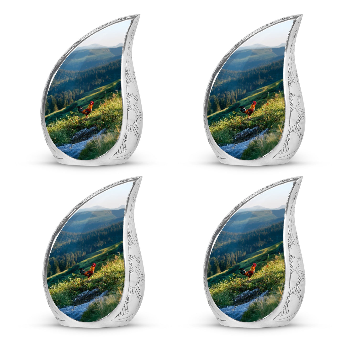 Serene Blue Hen Cremation Urn close-up of engraving and surface detail - smooth teardrop contour featuring hen art - 10 inch aluminum urn for cremated remains