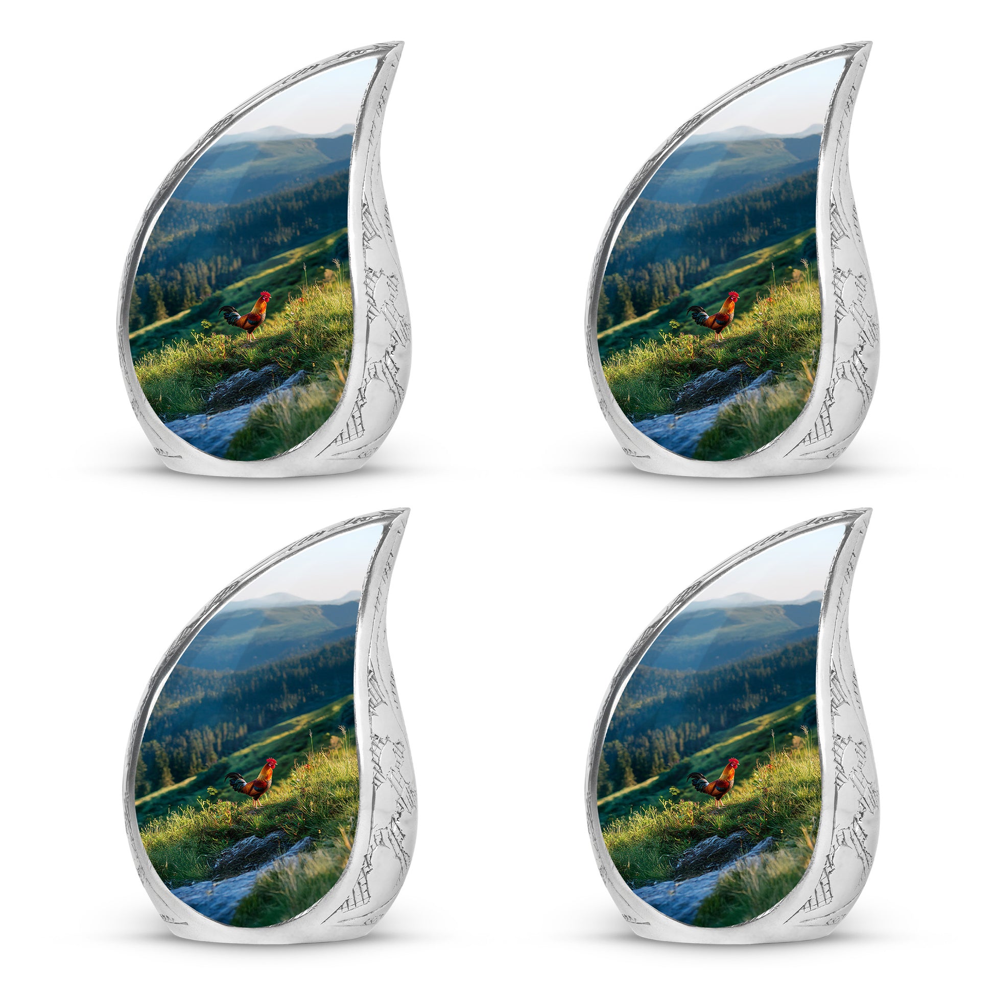 Serene Blue Hen Cremation Urn close-up of engraving and surface detail - smooth teardrop contour featuring hen art - 10 inch aluminum urn for cremated remains