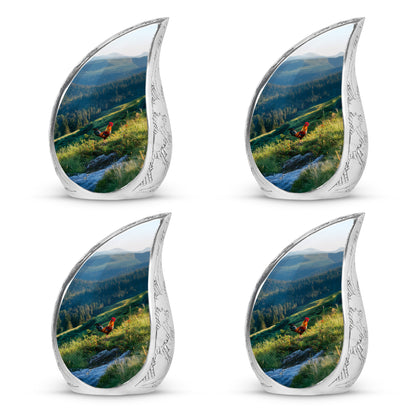 Serene Blue Hen Cremation Urn close-up of engraving and surface detail - smooth teardrop contour featuring hen art - 10 inch aluminum urn for cremated remains