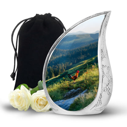 Navy Blue Hen Cremation Urn front view showing detailed design - flowing teardrop hen silhouette on curved aluminum - full-size 10 inch 200 cubic inch adult cremation urn