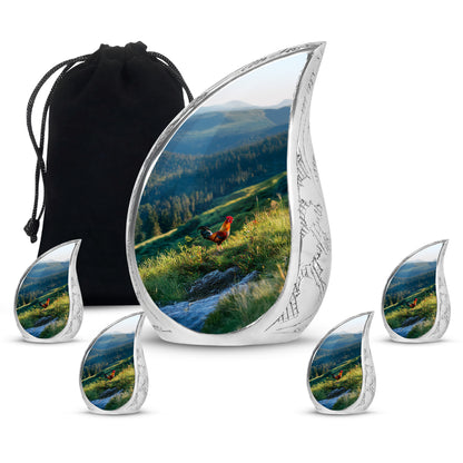 Serene Blue Hen Cremation Urn side profile showing urn shape - graceful tear-shaped urn with hen motif - memorial set with one large and four small urns