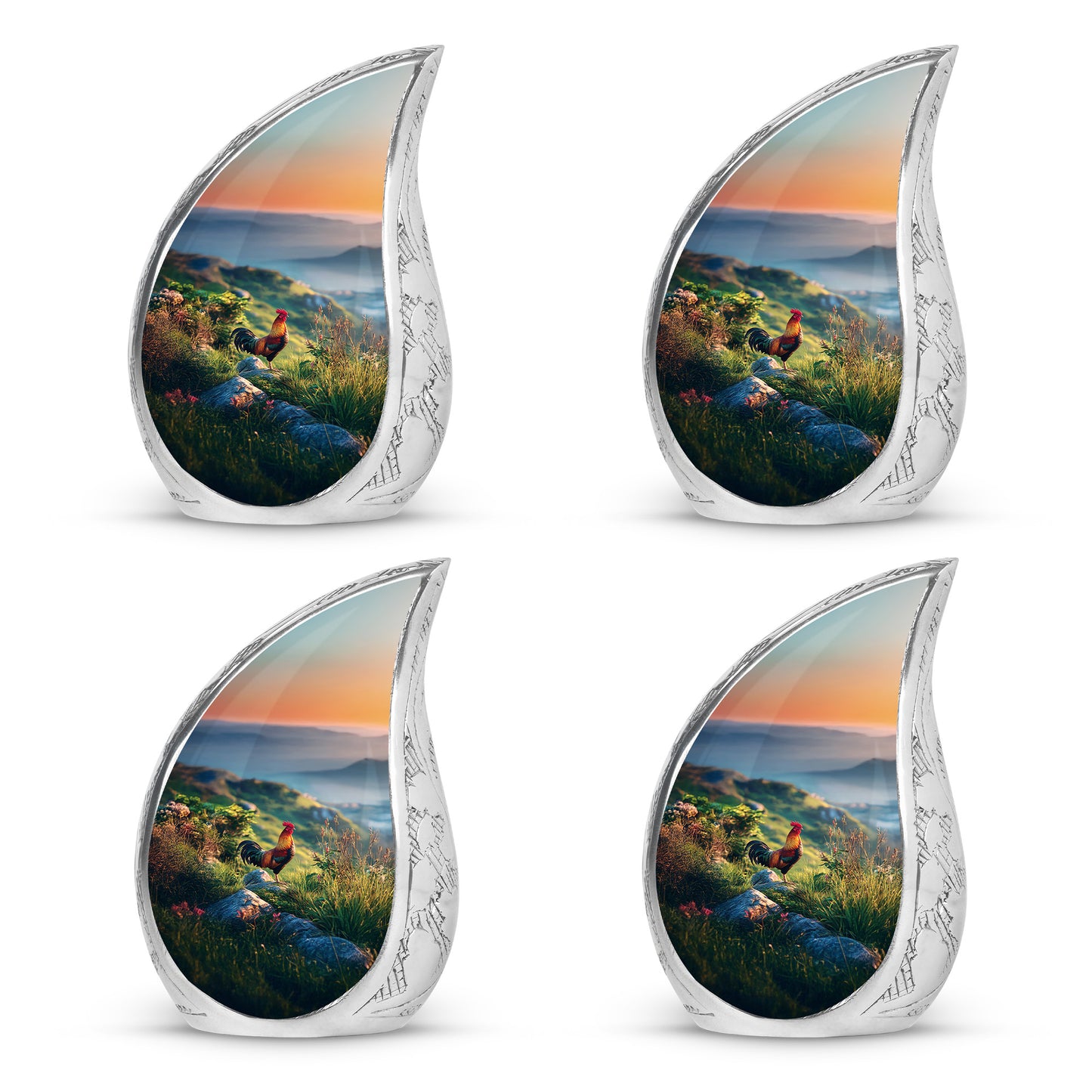 Cornflower Blue Hen Cremation Urn close-up of engraving and surface detail - graceful tear-shaped urn with hen motif - 10 inch aluminum urn for cremated remains