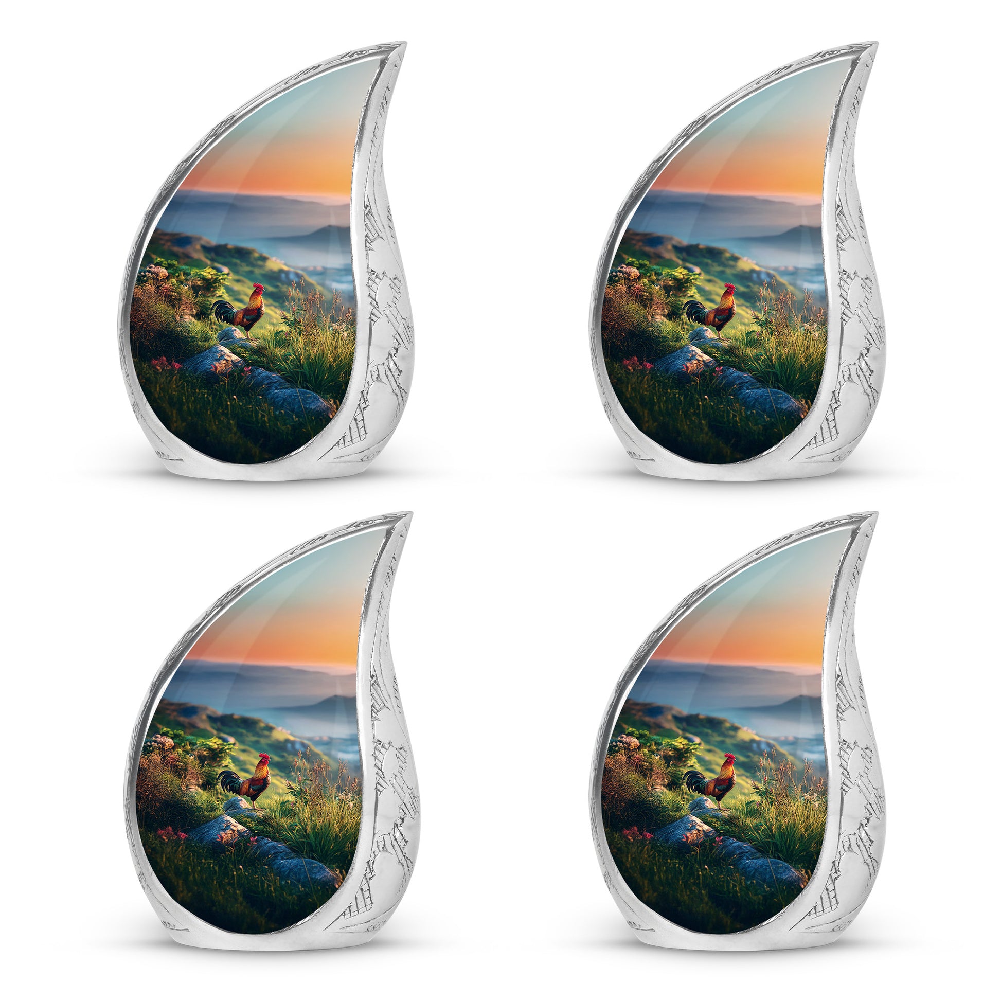 Cornflower Blue Hen Cremation Urn close-up of engraving and surface detail - graceful tear-shaped urn with hen motif - 10 inch aluminum urn for cremated remains