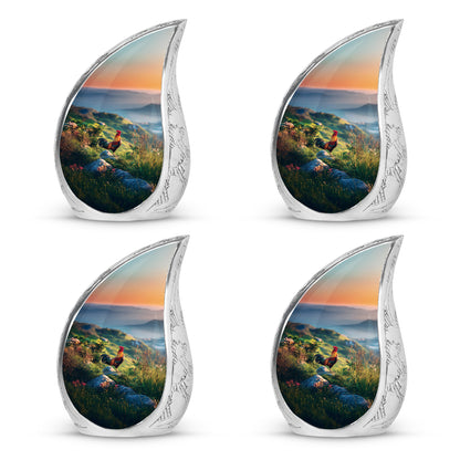 Cornflower Blue Hen Cremation Urn close-up of engraving and surface detail - graceful tear-shaped urn with hen motif - 10 inch aluminum urn for cremated remains