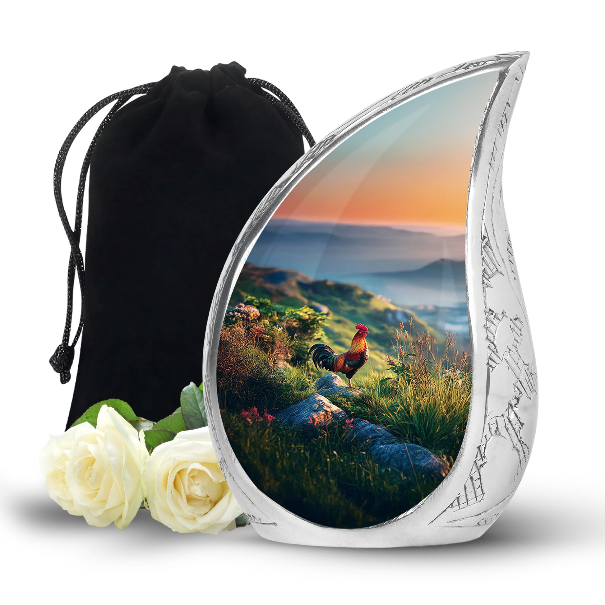 Icy Blue Hen Cremation Urn front view showing detailed design - flowing teardrop hen silhouette on curved aluminum - full-size 10 inch 200 cubic inch adult cremation urn