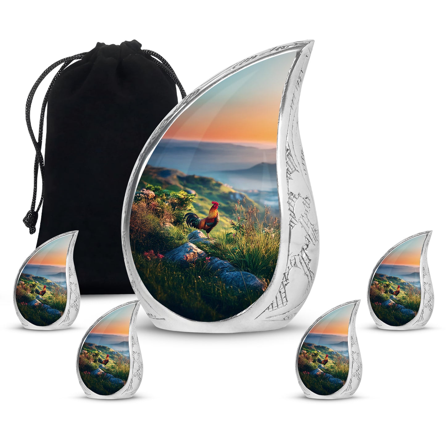 Vivid Blue Hen Cremation Urn side profile showing urn shape - graceful tear-shaped urn with hen motif - memorial set with one large and four small urns