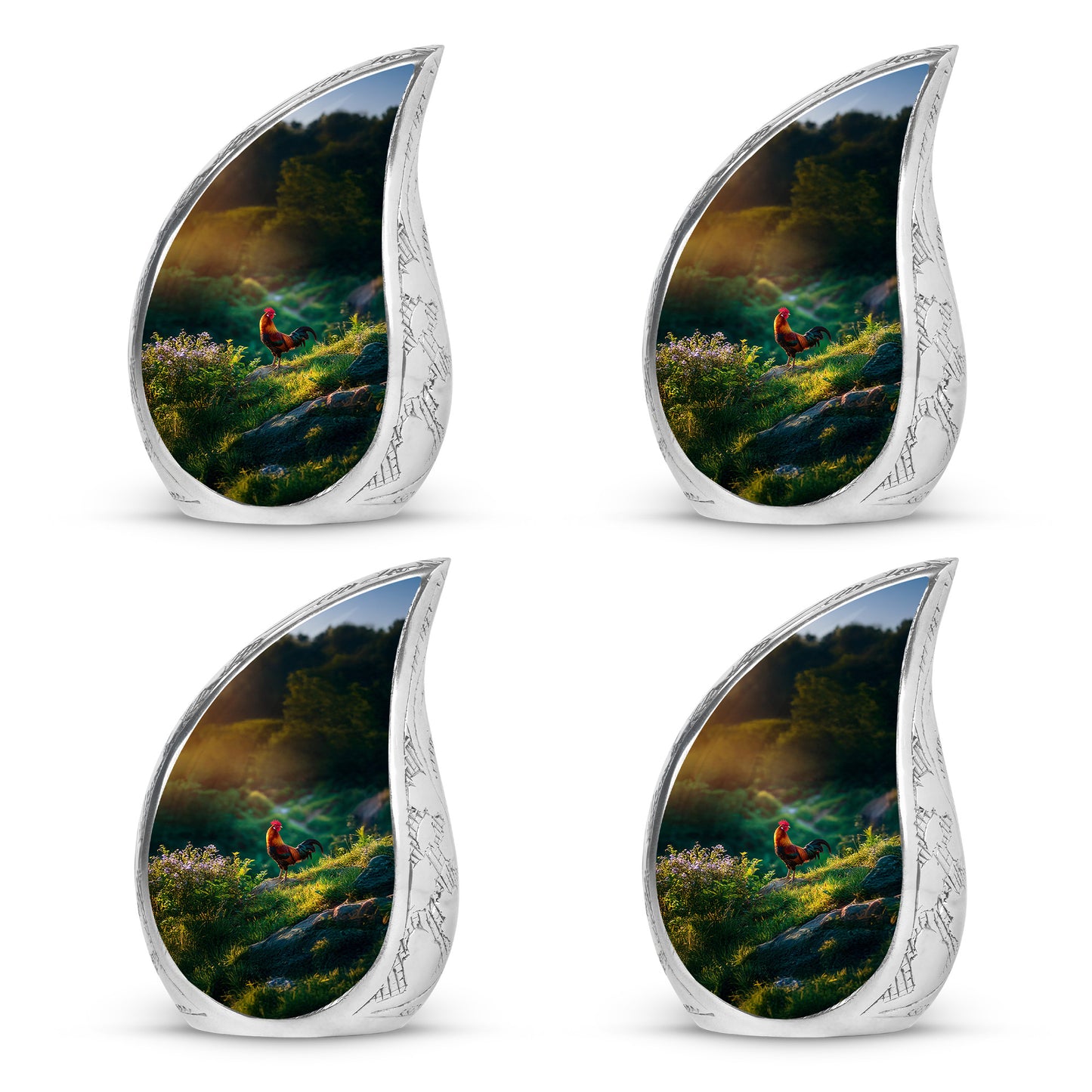 Amber Gold Hen Cremation Urn close-up of engraving and surface detail - rounded teardrop hen design with delicate detail - 10 inch aluminum urn for cremated remains