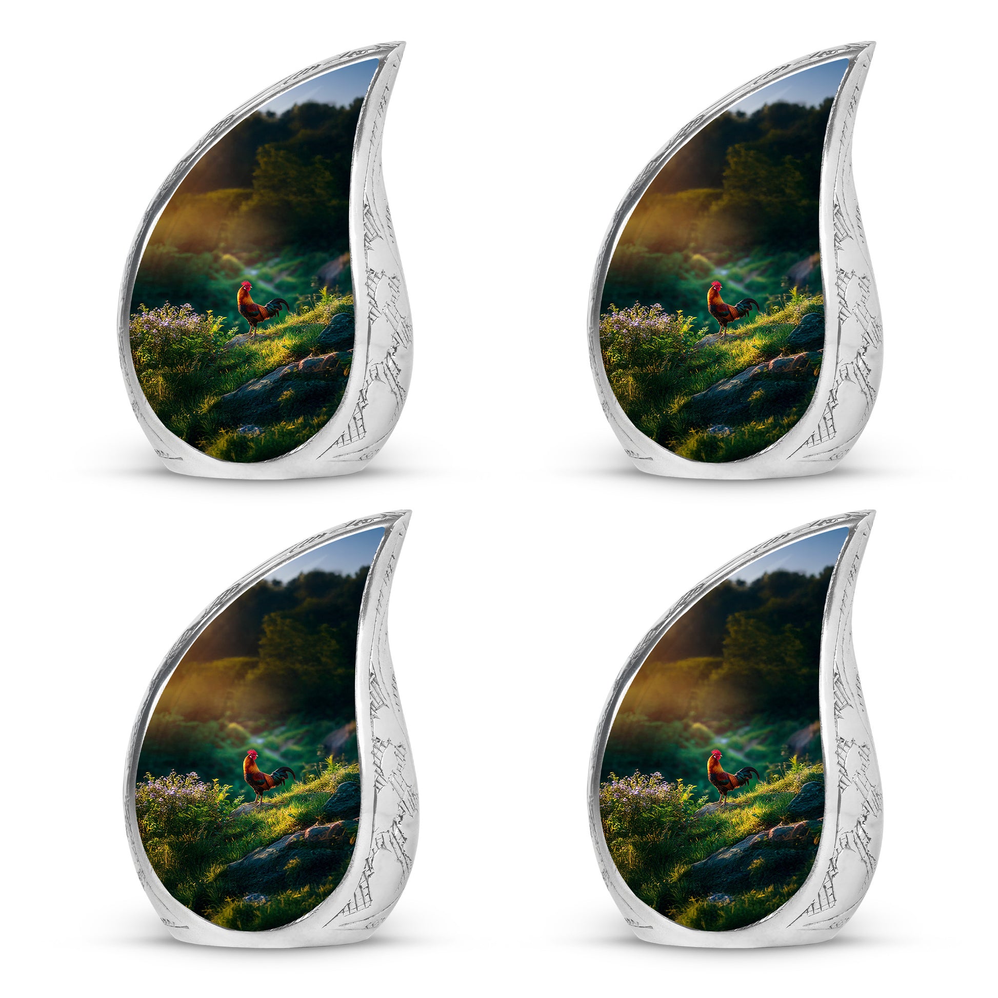 Amber Gold Hen Cremation Urn close-up of engraving and surface detail - rounded teardrop hen design with delicate detail - 10 inch aluminum urn for cremated remains