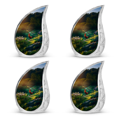 Amber Gold Hen Cremation Urn close-up of engraving and surface detail - rounded teardrop hen design with delicate detail - 10 inch aluminum urn for cremated remains