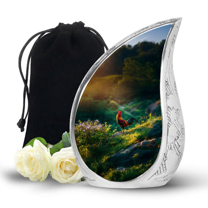 Matte Gold Hen Cremation Urn front view showing detailed design - graceful tear-shaped urn with hen motif - full-size 10 inch 200 cubic inch adult cremation urn