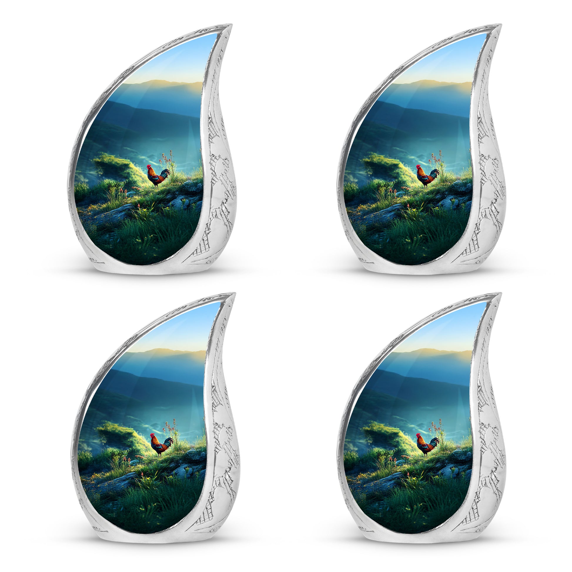 Aqua Teal Hen Cremation Urn close-up of engraving and surface detail - smooth teardrop contour featuring hen art - 10 inch aluminum urn for cremated remains