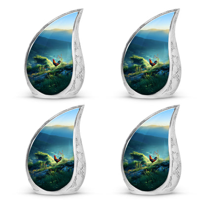 Aqua Teal Hen Cremation Urn close-up of engraving and surface detail - smooth teardrop contour featuring hen art - 10 inch aluminum urn for cremated remains