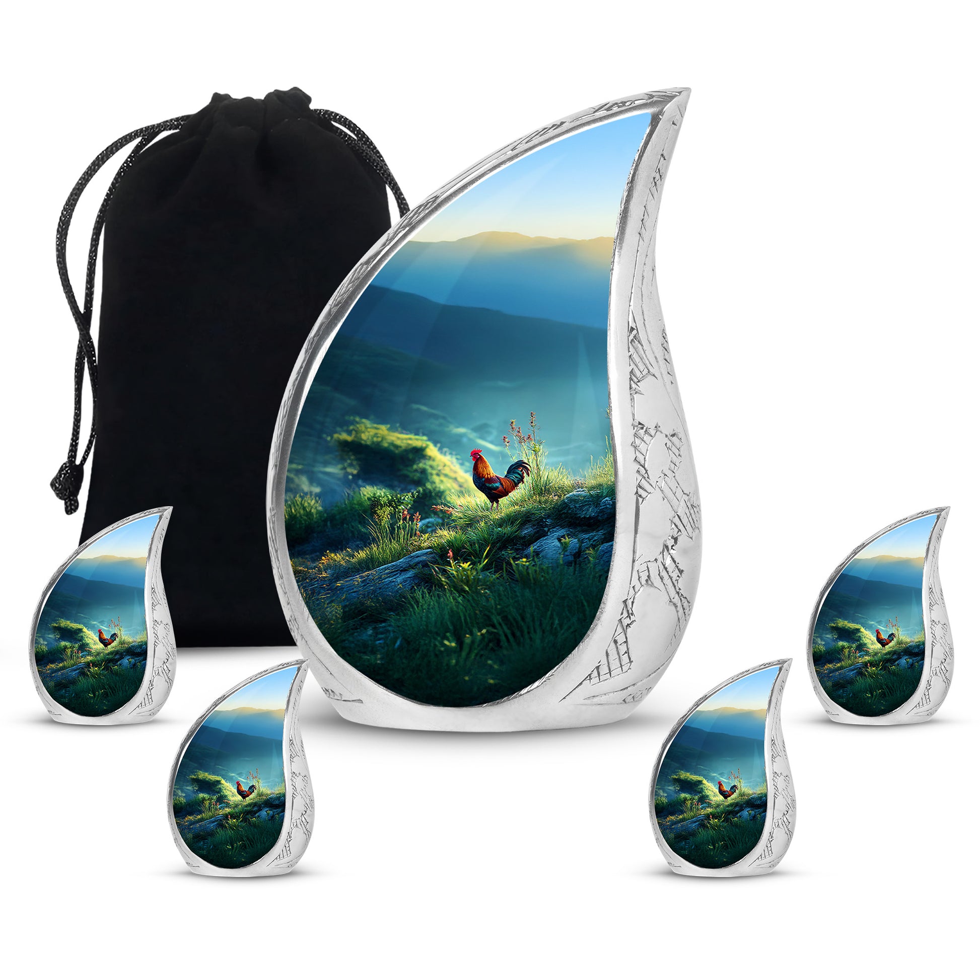 Vivid Teal Hen Cremation Urn side profile showing urn shape - smooth teardrop contour featuring hen art - memorial set with one large and four small urns
