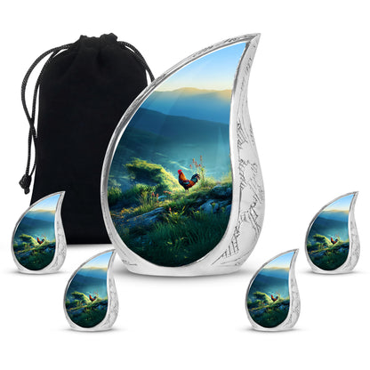 Vivid Teal Hen Cremation Urn side profile showing urn shape - smooth teardrop contour featuring hen art - memorial set with one large and four small urns