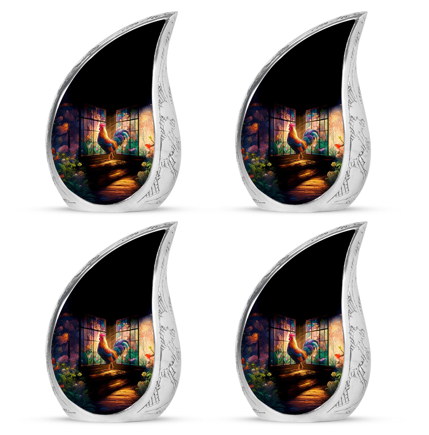 Rich Black Hen Cremation Urn close-up of engraving and surface detail - flowing teardrop hen silhouette on curved aluminum - 10 inch aluminum urn for cremated remains