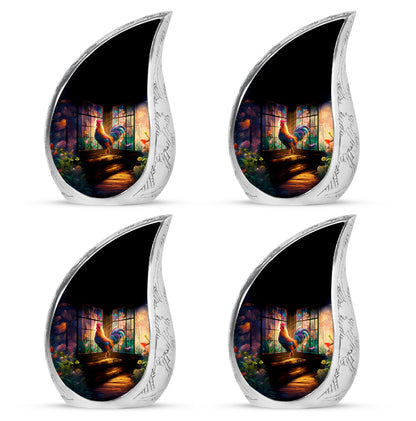 Rich Black Hen Cremation Urn close-up of engraving and surface detail - flowing teardrop hen silhouette on curved aluminum - 10 inch aluminum urn for cremated remains