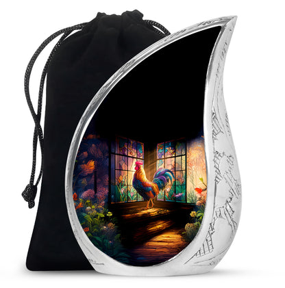 Deep Black Hen Cremation Urn front view showing detailed design - flowing teardrop hen silhouette on curved aluminum - full-size 10 inch 200 cubic inch adult cremation urn