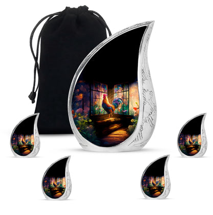 Obsidian Black Hen Cremation Urn side profile showing urn shape - graceful tear-shaped urn with hen motif - memorial set with one large and four small urns