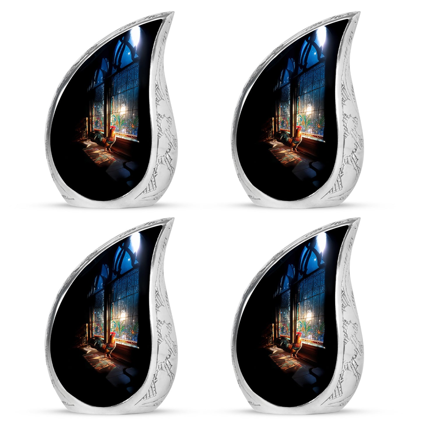 Onyx Black Hen Cremation Urn close-up of engraving and surface detail - graceful tear-shaped urn with hen motif - 10 inch aluminum urn for cremated remains
