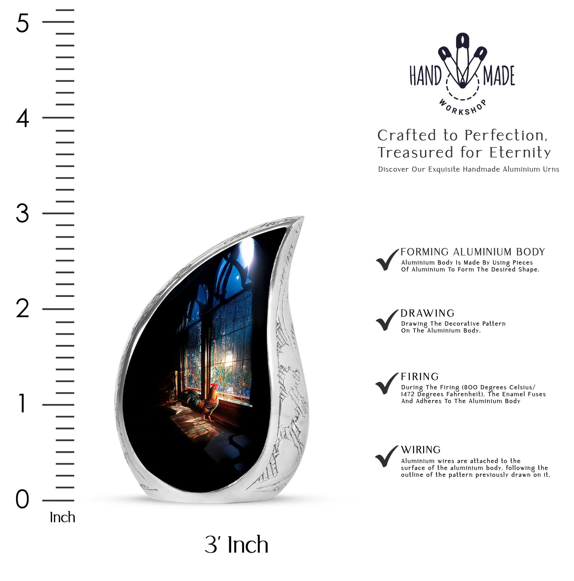 Rich Black Hen Cremation Urn angled view of lid and engraved motif - flowing teardrop hen silhouette on curved aluminum - mini keepsake memorial for portion of cremation ashes
