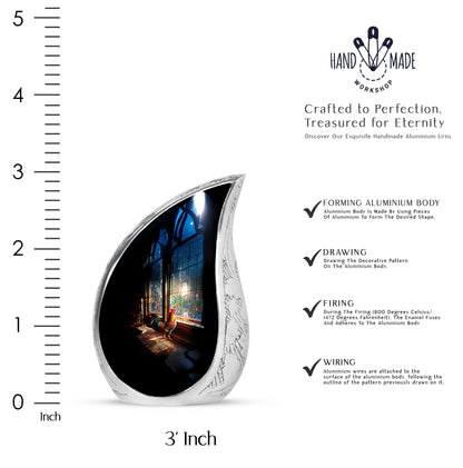 Rich Black Hen Cremation Urn angled view of lid and engraved motif - flowing teardrop hen silhouette on curved aluminum - mini keepsake memorial for portion of cremation ashes