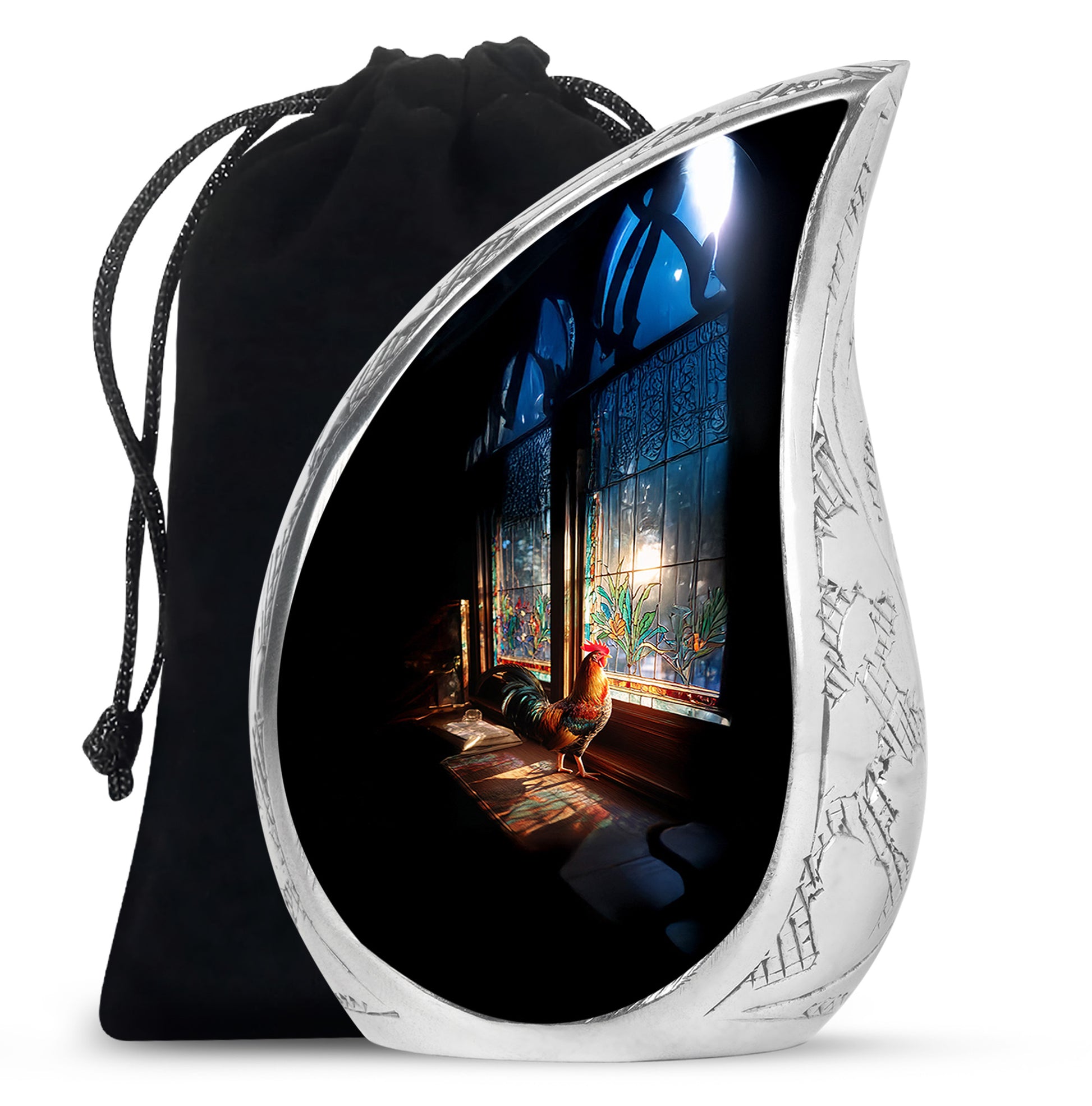 Ebony Hen Cremation Urn front view showing detailed design - flowing teardrop hen silhouette on curved aluminum - full-size 10 inch 200 cubic inch adult cremation urn
