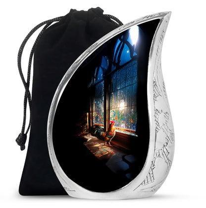 Ebony Hen Cremation Urn front view showing detailed design - flowing teardrop hen silhouette on curved aluminum - full-size 10 inch 200 cubic inch adult cremation urn