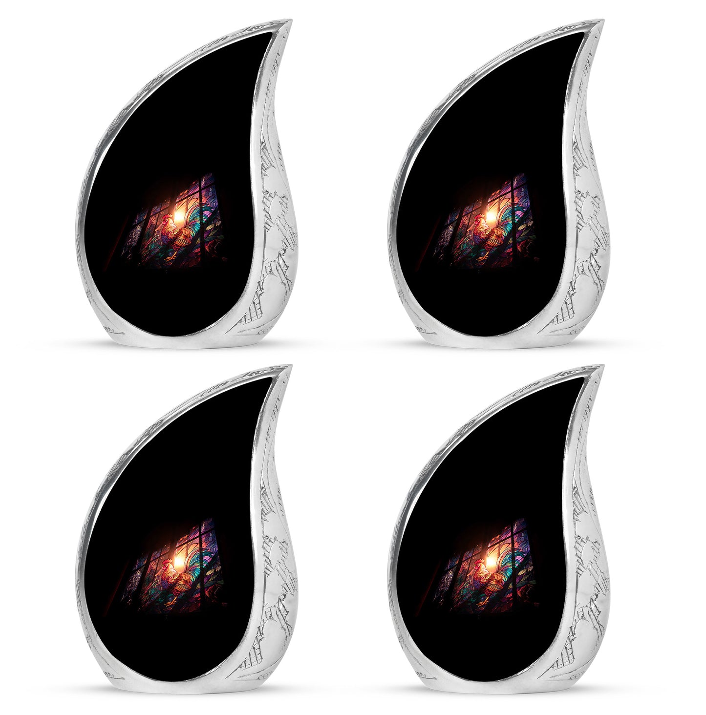 Midnight Black Hen Cremation Urn close-up of engraving and surface detail - smooth teardrop contour featuring hen art - 10 inch aluminum urn for cremated remains