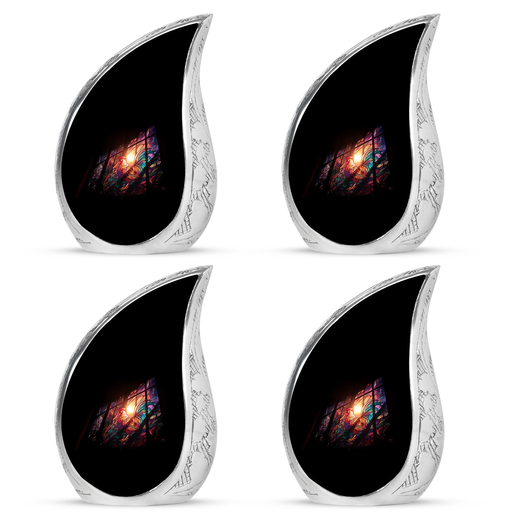 Midnight Black Hen Cremation Urn close-up of engraving and surface detail - smooth teardrop contour featuring hen art - 10 inch aluminum urn for cremated remains