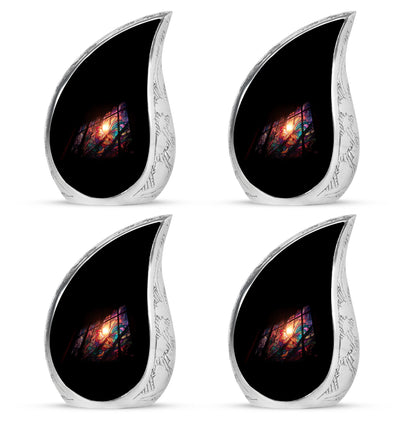 Midnight Black Hen Cremation Urn close-up of engraving and surface detail - smooth teardrop contour featuring hen art - 10 inch aluminum urn for cremated remains