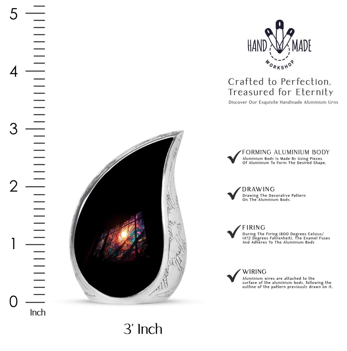 Jet Black Hen Cremation Urn angled view of lid and engraved motif - rounded teardrop hen design with delicate detail - mini keepsake memorial for portion of cremation ashes