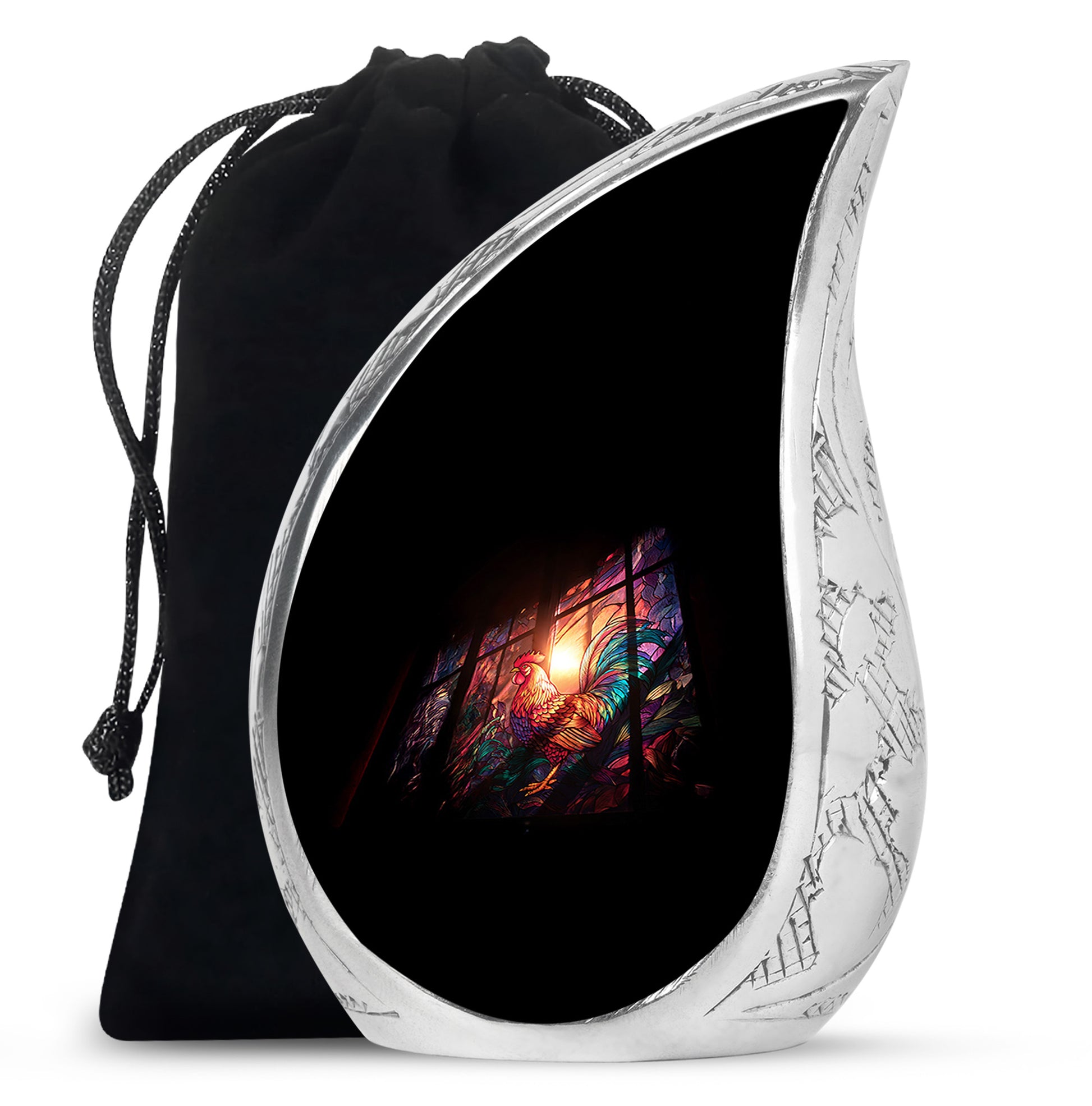 Jet Black Hen Cremation Urn front view showing detailed design - flowing teardrop hen silhouette on curved aluminum - full-size 10 inch 200 cubic inch adult cremation urn
