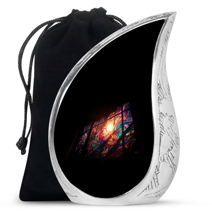 Jet Black Hen Cremation Urn front view showing detailed design - flowing teardrop hen silhouette on curved aluminum - full-size 10 inch 200 cubic inch adult cremation urn