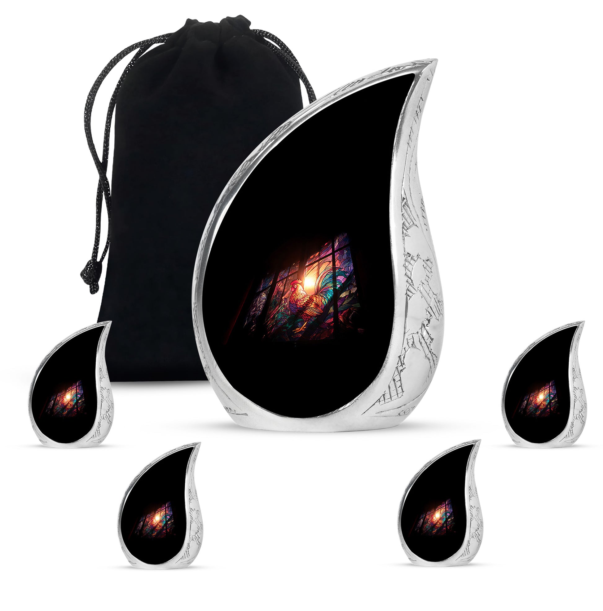 Rich Black Hen Cremation Urn side profile showing urn shape - rounded teardrop hen design with delicate detail - memorial set with one large and four small urns